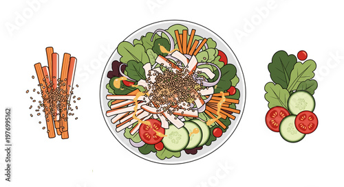 Fresh salad bowl with grilled chicken and healthy ingredients on wooden table, top view