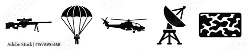 Essential collection of defense and military assets featuring a sniper rifle paratrooper helicopter radar dish and camouflage design for security operations and strategic planning