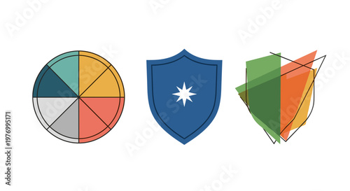 3D isometric icons of decision-making and security concepts with colorful pie chart, shield, and origami fortune teller