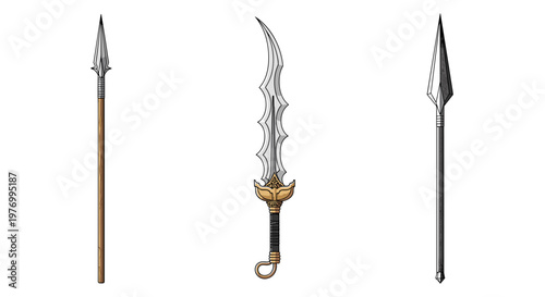 golden ceremonial spears with flame motif isolated on white background