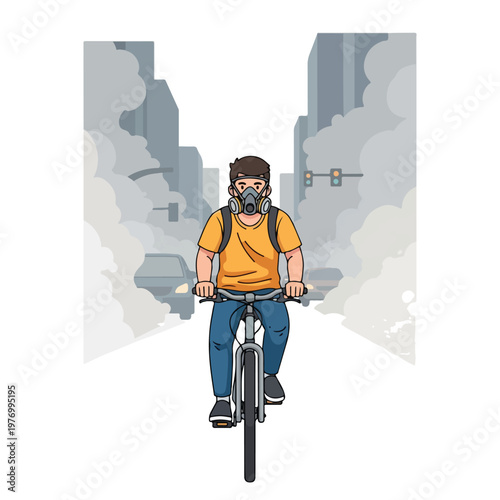 Flat vector illustration of a man riding a bicycle through a city street filled with thick smog and smoke while wearing a professional respirator gas mask for air protection.