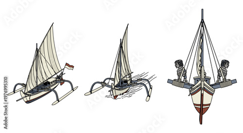 three vintage sailboats line art illustration minimalist nautical decor black and white sketch