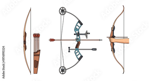 archery equipment set with bows arrows quiver and targets isolated on white background