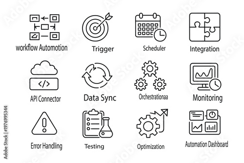 workflow and process automation vector icons, trigger, scheduler, integration, API connector, monitoring, symbolizing task automation, system integration, workflow optimization, and productivity.