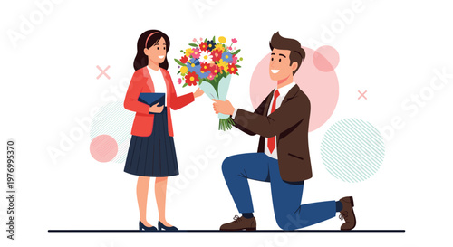 Romantic scene of a young man kneeling and proposing to a woman while holding a large colorful bouquet of spring flowers for love.