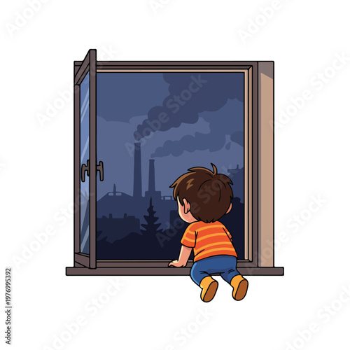 Flat 2D vector illustration of a young boy leaning on a windowsill and looking out an open window at a dark industrial city with smoke billowing from factory chimneys at night.