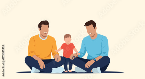 Loving same sex male couple sitting cross legged on the floor while playing with their happy young toddler son in a home setting.