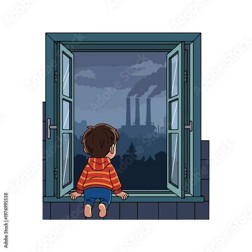 Flat 2D vector illustration of a young boy in a striped hoodie looking through an open window at a dark landscape featuring industrial factory smokestacks and smoke emissions.