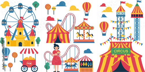 Vibrant Circus and Amusement Park Illustrations Featuring Ferris Wheel, Carousel, Carnival Stalls, and Fun Rides for Theme Park Designs