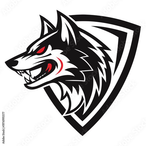 A fierce, stylized black and white wolf head logo with glowing red eyes and a red mark on its snout. The wolf is depicted in profile, set within a shield shape.

