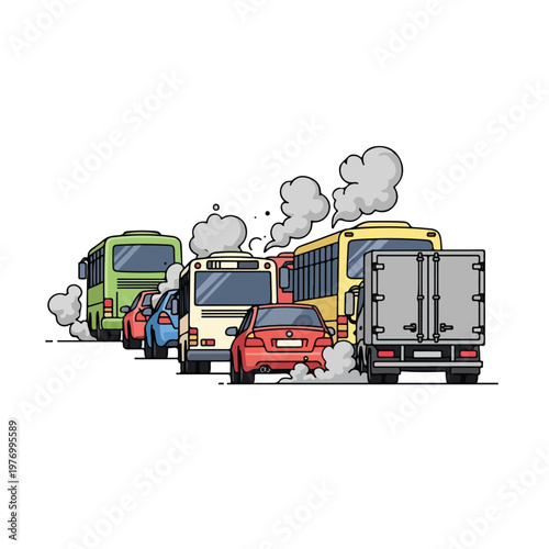 Flat 2D vector illustration of heavy urban traffic congestion showing cars, buses, and a delivery truck emitting thick grey exhaust smoke fumes against a white background.