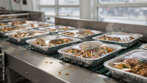 Freshly Hot Prepared Meals in Aluminum Trays on a Food Production Line
