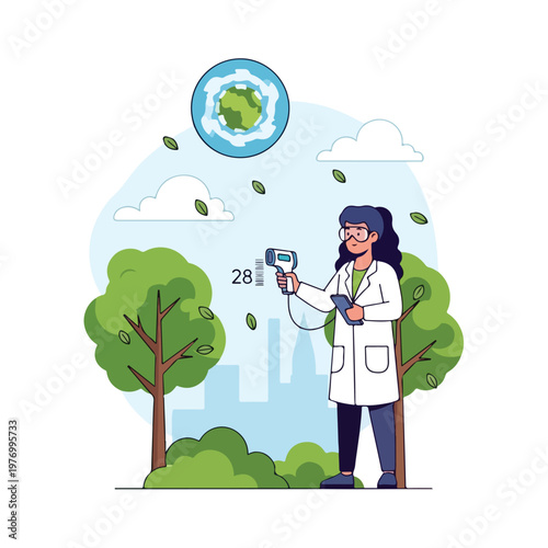 Female environmental scientist in a white lab coat using a handheld sensor in a city park with trees, city skyline background, and a recycling earth globe icon for climate research.