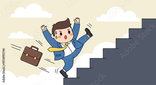 Businessman in formal attire jumping with excitement as he climbs stairs with a briefcase in hand symbolizing career