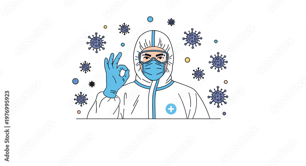 Obraz premium Healthcare worker wearing a full protective hazmat suit mask and goggles making an okay sign during a health crisis.