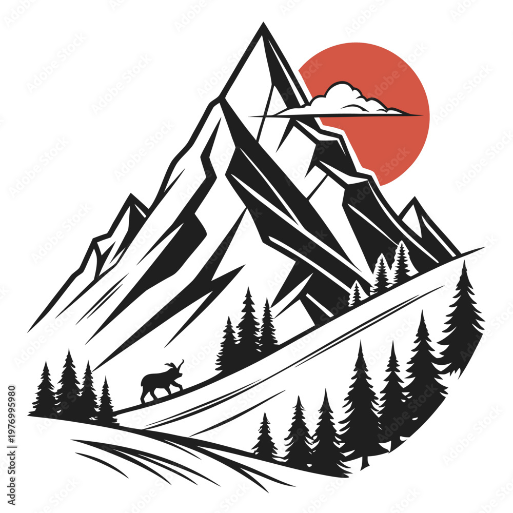 Obraz premium A stylized vector graphic illustration of a mountain range at sunset