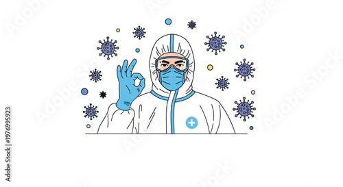 Healthcare worker wearing a full protective hazmat suit mask and goggles making an okay sign during a health crisis.