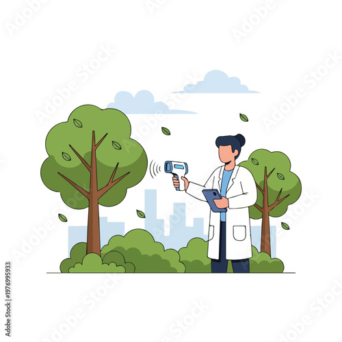 Flat 2D vector illustration of a female scientist in a white lab coat using a handheld digital sensor to monitor tree health in a park with a city skyline background and tablet.