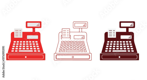 Colorful cash register icons in red white and black representing retail sales and shopping transactions