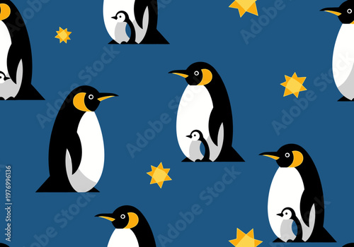 Seamless Vector Pattern of Emperor Penguins and Chicks with Stars on Blue Background