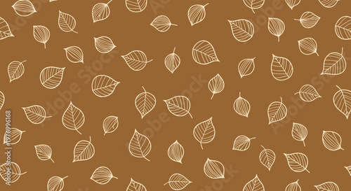 Autumn seamless pattern featuring stylized white leaf outlines scattered on a warm brown background for a cozy seasonal feel.