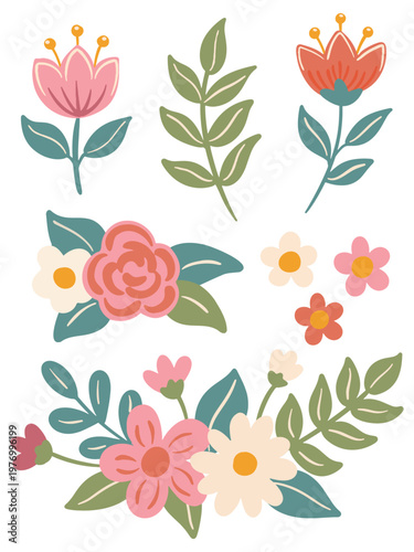 Collection of Hand Drawn Spring Flowers and Botanical Leaf Elements