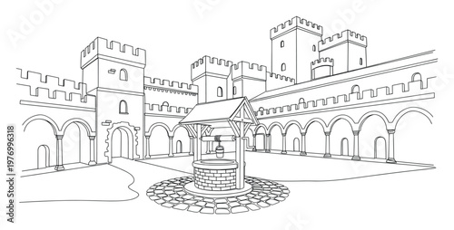 Detailed line drawing of a medieval castle courtyard featuring a central well and surrounding arched cloisters with battlemented walls and defensive towers for educational materials or