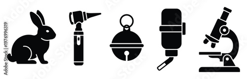 Set of black glyph icons illustrating a rabbit, otoscope, pet bell, animal water bottle, and a microscope, suitable for veterinary, scientific, or animal care graphic design uses.