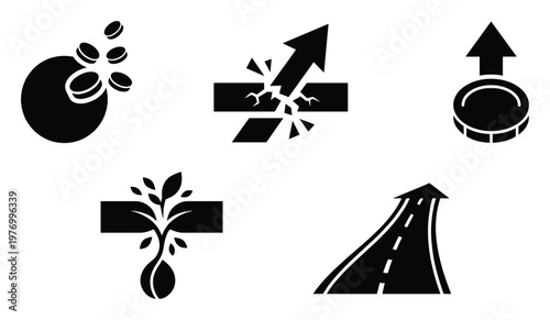 Versatile collection of business and financial icons illustrating growth investment breakthrough and overcoming challenges for corporate presentations and strategic planning concepts