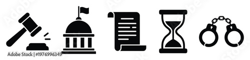 Comprehensive legal system authority icons featuring gavel courthouse document hourglass and handcuffs symbolizing justice law and order for professional presentations and educational