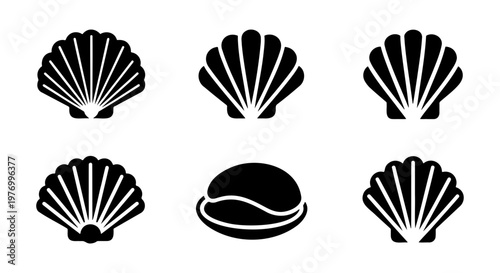 Minimalist seashell icons, 6 black scallop shell vectors, marine logo set