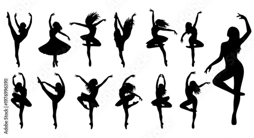 Ballerina silhouettes set, 13 ballet dancer icons, black female poses vector