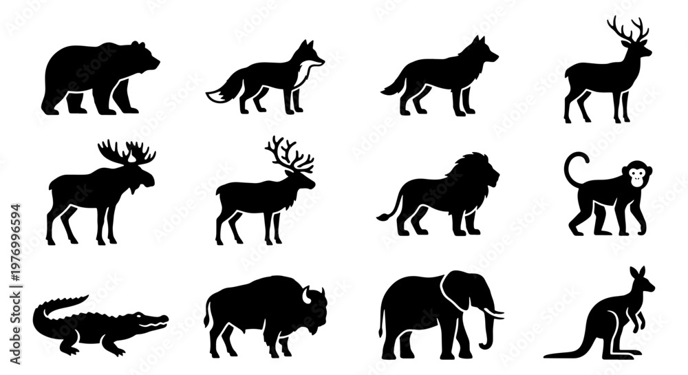 Obraz premium Wild animal silhouette icons, 12 wildlife vector symbols, black fauna set