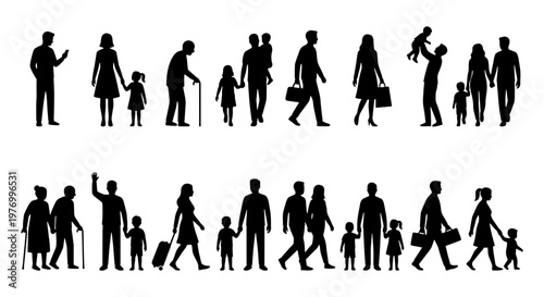 People silhouette collection, diverse family and crowd vector set, human icons