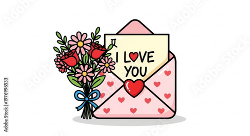 Bouquet of red roses and daisies with an open envelope saying I Love You perfect for Valentines Day or romantic greetings isolated on white