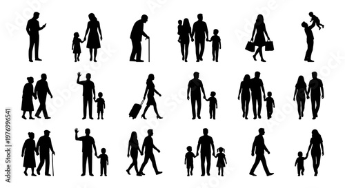 Family silhouette set, walking people icons, diverse human figures vector