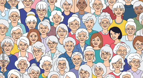 Large diverse crowd of smiling elderly women with white hair and glasses representing a vibrant senior community.