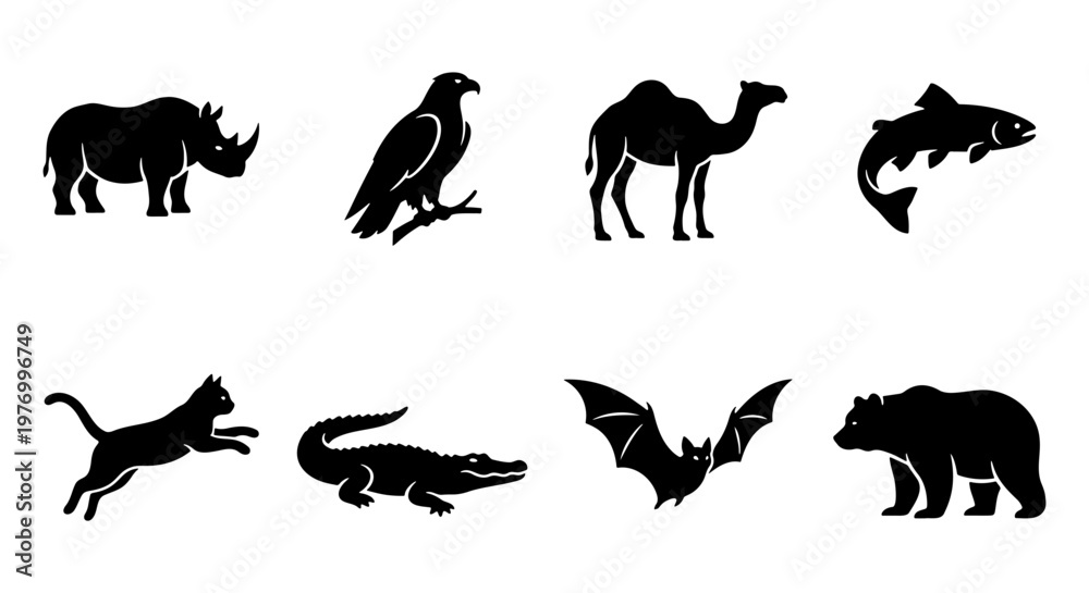 Obraz premium Black Animal Silhouettes, 8 Wildlife Vector Icons, Minimalist Nature Set