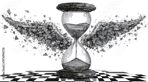 Hourglass with crumbling wings on a checkered floor, drawn in black and white style