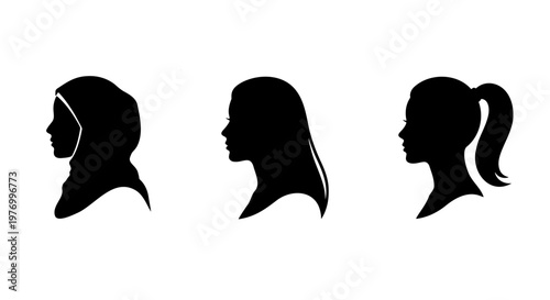 Diverse woman profile silhouettes, female head icons, 3 vector avatars