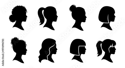Woman profile silhouette set, 8 female head icons, hair style vector