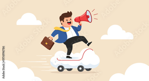 Businessman riding a white delivery drone with a megaphone and briefcase flying through the sky