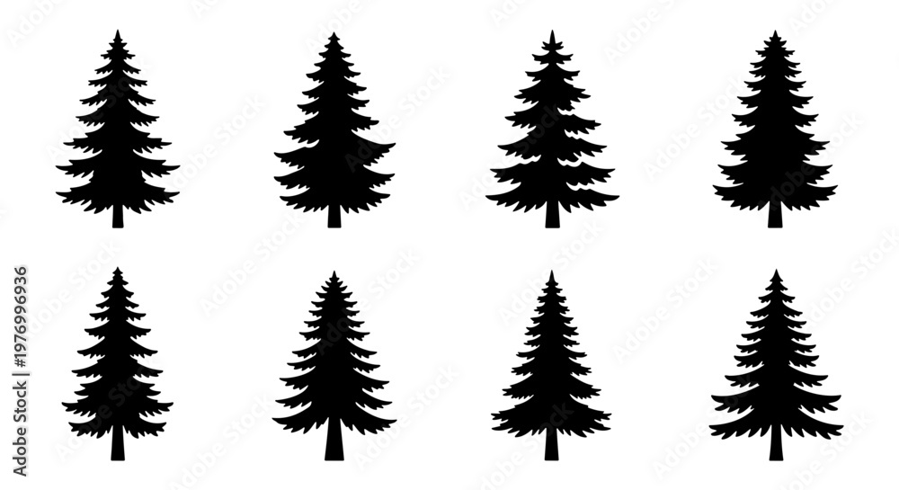 Obraz premium Pine tree silhouette set, 8 evergreen conifer icons, black forest vector