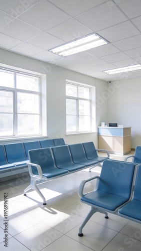 Generative Ai depicts a bright and modern waiting area with blue chairs