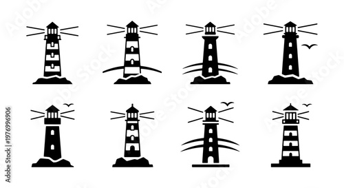Lighthouse icon set, nautical beacon vector symbols, 8 marine logos