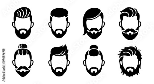 Barbershop hair and beard icons, 8 male hairstyle vectors, men grooming set