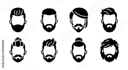 Barber shop icons, 8 male hairstyle avatars, black beard vector set