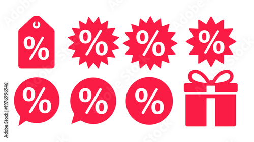 Red sale discount icons with percent signs and gift box on white background