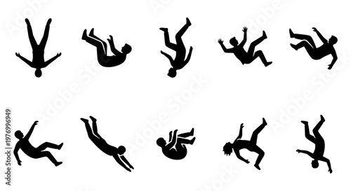 Falling person silhouette set, 10 man falling down icons, vector graphics