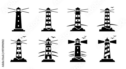 Nautical lighthouse icons, 8 black beacon vectors, maritime signal set